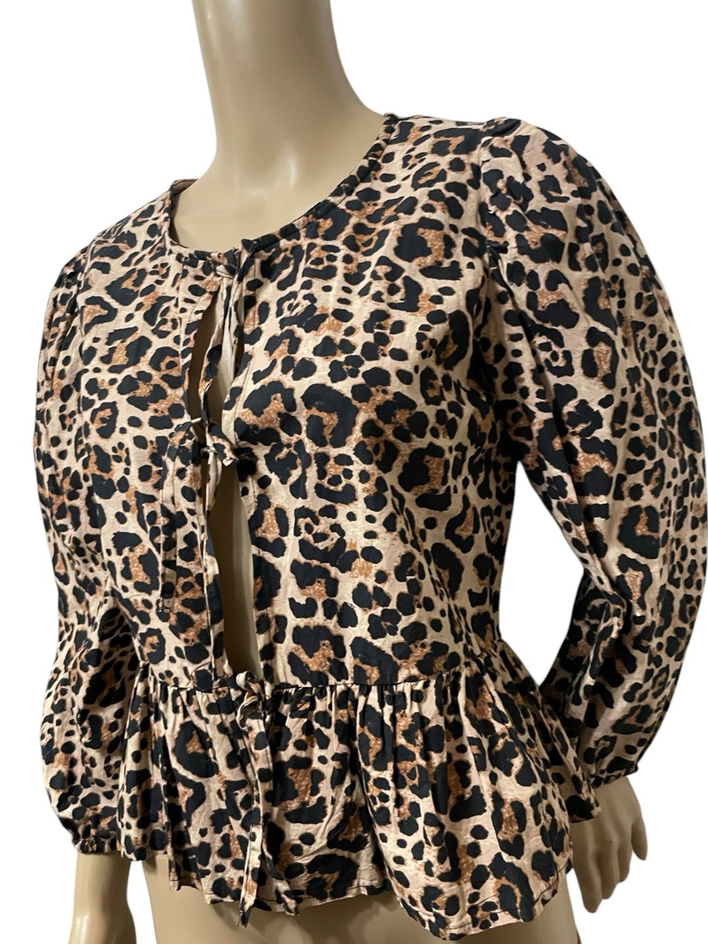 Sim & Sam Leopard Print Babydoll Peplum Tie Front Long Puff Sleeve Boho Top SZ M - Picture 2 of 16
